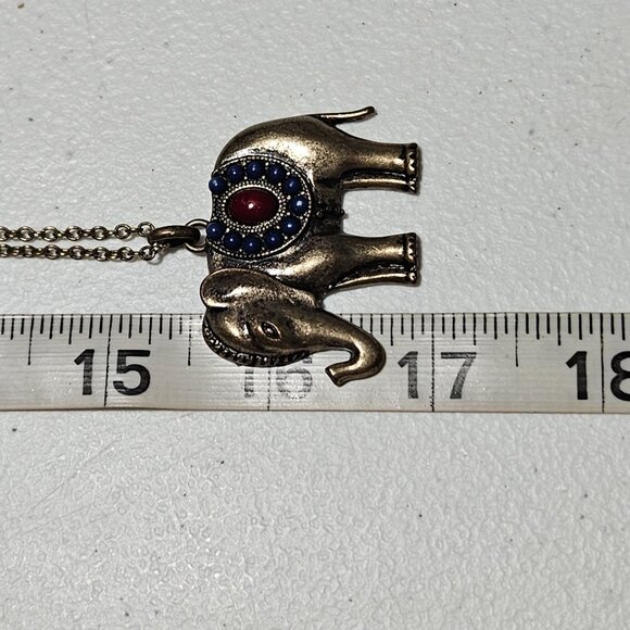 Antique Gold Elephant Pendant Necklace Red Blue Gemstone Accents Fashion Jewelry - Picture 7 of 7